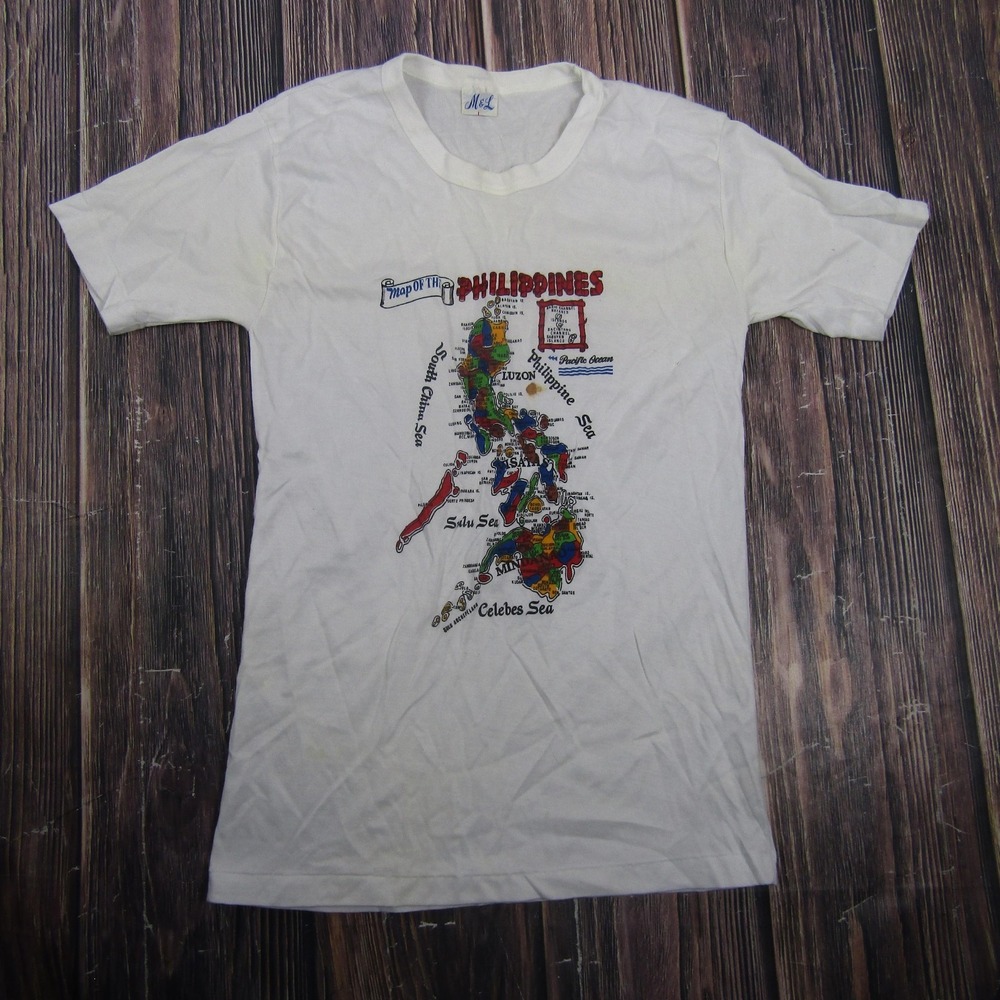 Vintage M&L Philippines Map Shirt Mens Medium White Travel Graphic Single Stitch